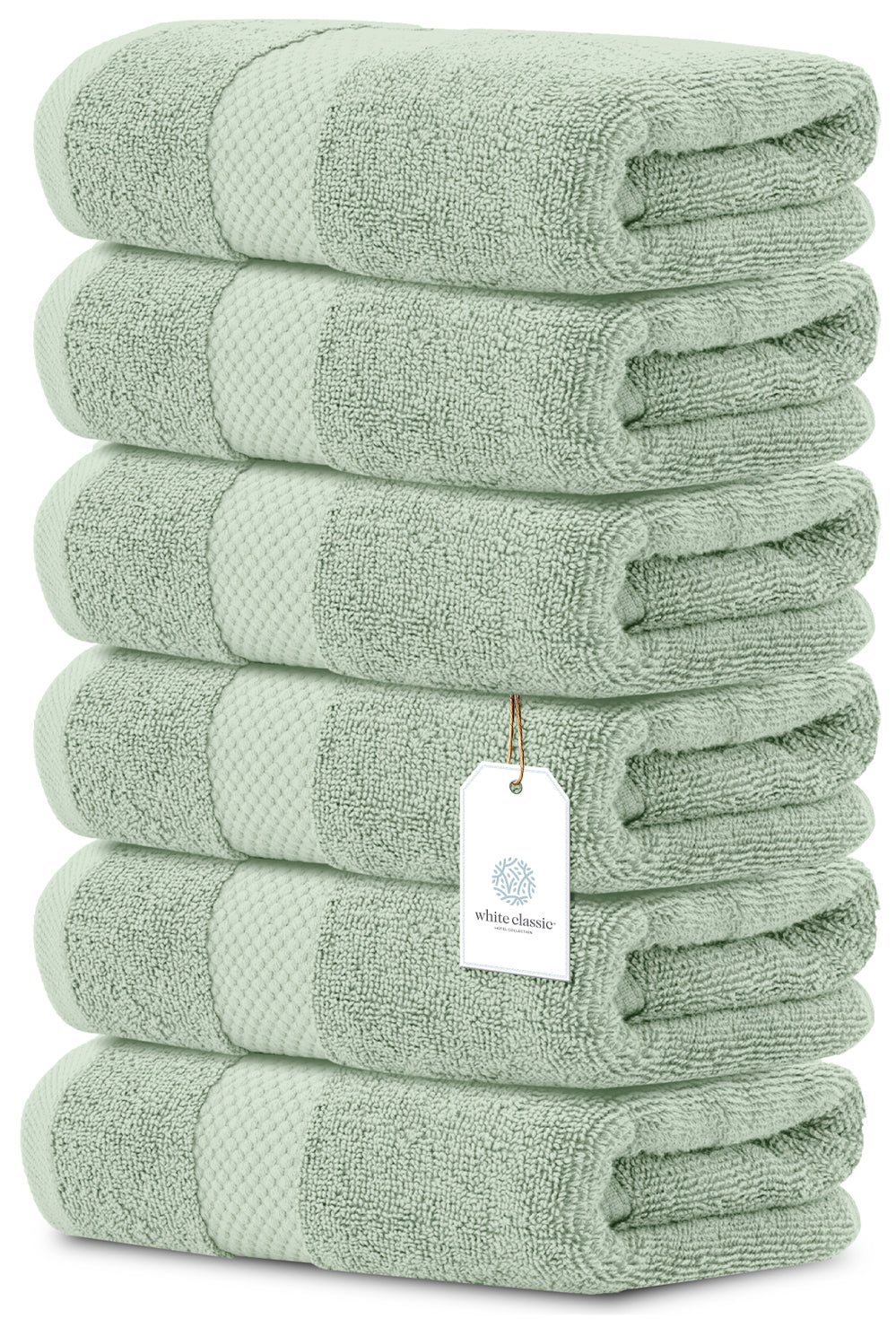 6Pc Whiteclassic Green Hand Towels